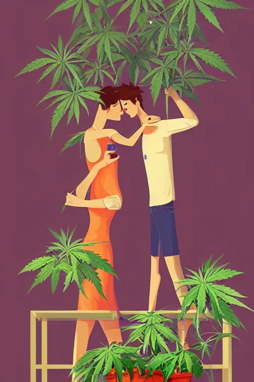 Prompt: happy couple, on balcony, marijuana plant. centered median photoshop filter cutout vector behance artgem hd jesper ejsing!