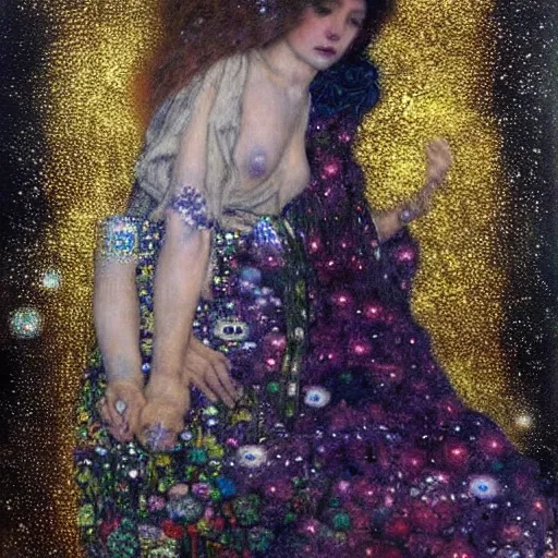 Image similar to dreamy angel, in the cosmos, 🌫🌌 intricate long shelve robes, intricate detail, klimt, royo,