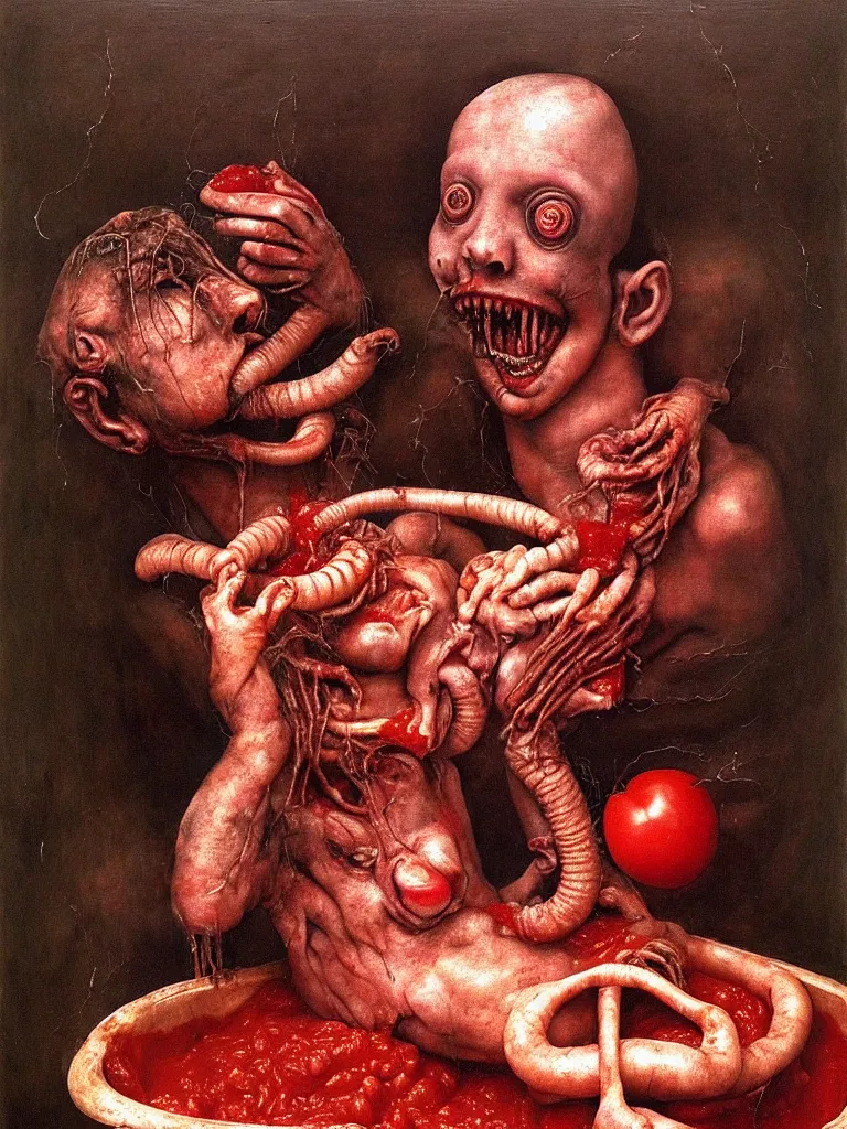 Image similar to a boy like eraserhead and elephant man sitting in a tub full of tomato sauce, looking straight into camera, screaming in desperation, a forgotten ritual, by giuseppe arcimboldo and ambrosius benson, renaissance, fruit, intricate and intense oil paint, a touch of beksinski and hr giger and edward munch, realistic