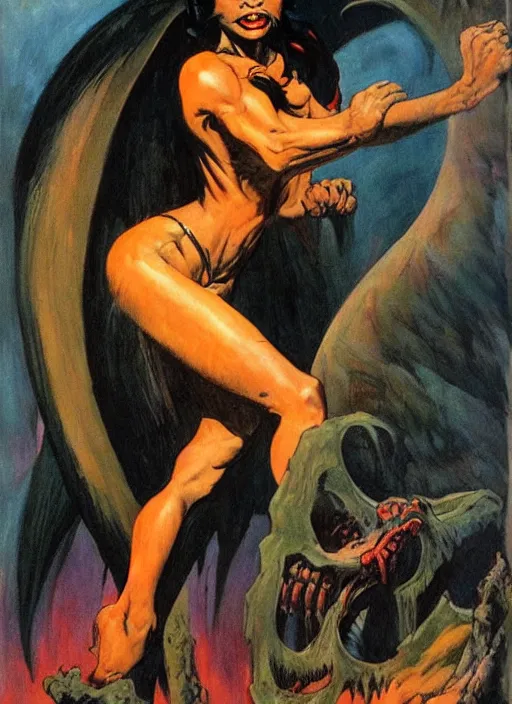 Image similar to manananggal, filipino vampire, strong line, deep color, beautiful! coherent! by frank frazetta, high contrast