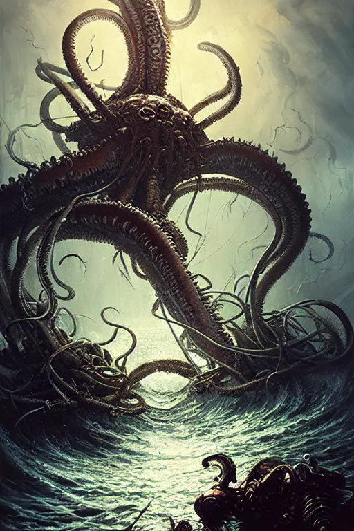 Image similar to kraken attack by anna podedworna, ayami kojima, greg rutkowski, giger, maxim verehin