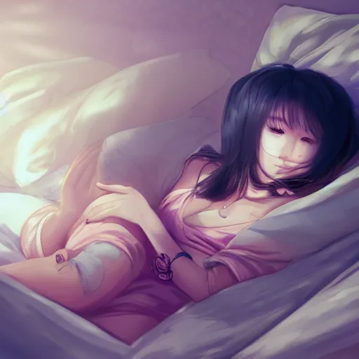 Image similar to lofi hiphop girl lying in bed listening to music by Wenqing Yan, WLOP, Zumidraws, OlchaS Logan cure liang Xing