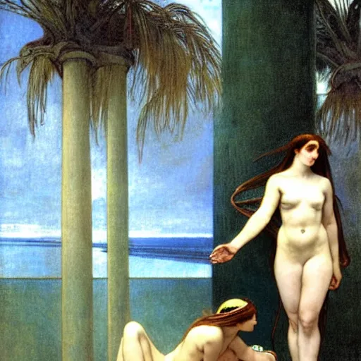 Image similar to Demon girls at the giant column, thunderstorm, greek pool, beach and palm trees on the background major arcana sky, by paul delaroche, alphonse mucha and arnold böcklin arnold böcklin hyperrealistic 8k, very detailed