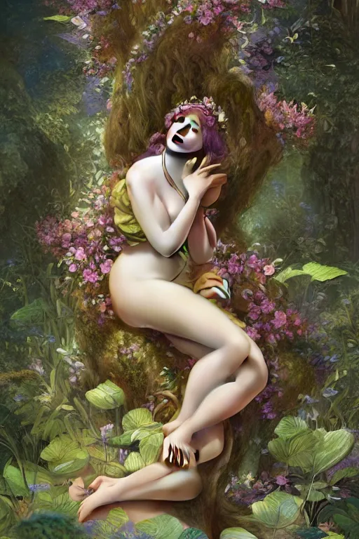 Image similar to Curvaceous fairy goddess sitting on a vivid flower in a lush green forest, Mark Arian and Alphonse Mucha, highly detailed, intricate, dynamic lighting, octane render, 8k