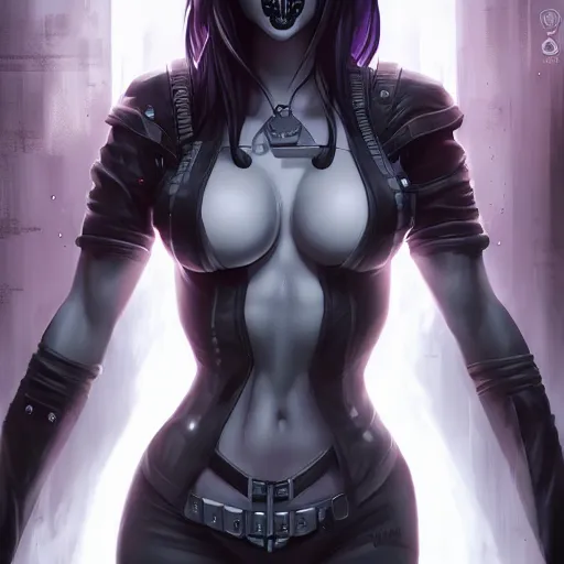 Prompt: A pale cyberpunk goth girl, cover by Artgerm