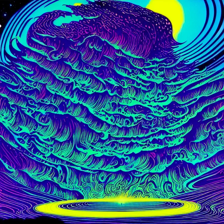 Image similar to mysterious edge of interstellar space, psychedelic waves, synthwave, bright neon colors, highly detailed, cinematic, eyvind earle, tim white, philippe druillet, roger dean, ernst haeckel, lisa frank, aubrey beardsley