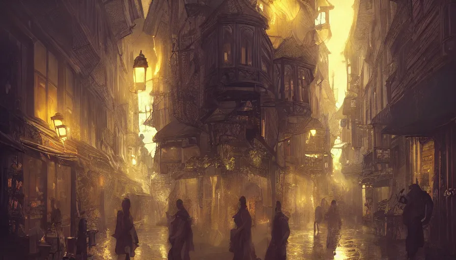 Prompt: street of medieval city lighten by torches during early evening, shadows, reflections, epic composition, intricate, elegant, volumetric lighting, digital painting, highly detailed, artstation, sharp focus, illustration, concept art, ruan jia, steve mccurry