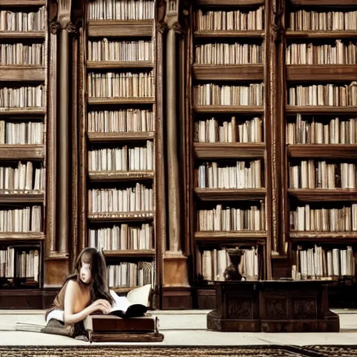 Prompt: delicate pale goth brunette reading in opulent library