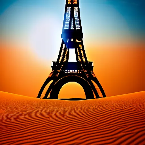 Prompt: photo of Eiffel Tower in Sahara desert, 8K, realistic, magic hour