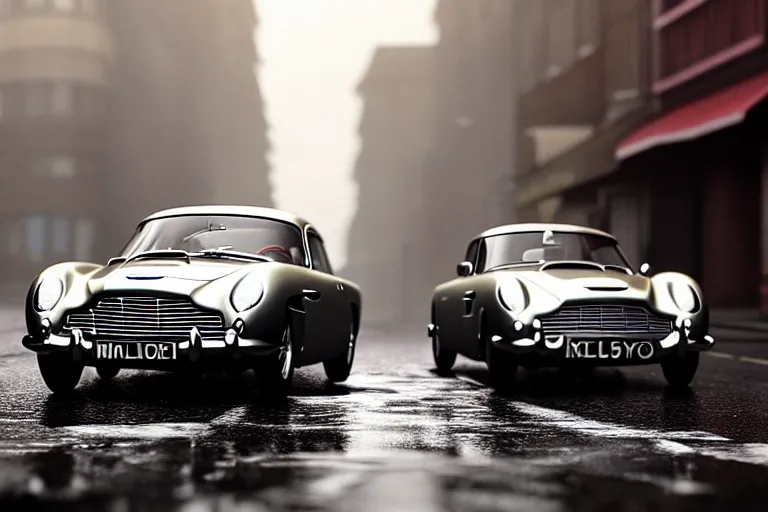 Image similar to a wholesome animation key shot of!! one!! focused!! aston martin db 5!!, dynamic, on a wet london street, raining, wide shot, studio ghibli, pixar and disney animation, sharp, very detailed, high resolution, rendered in unreal engine 5, anime key art by greg rutkowski, dull atmospheric lighting