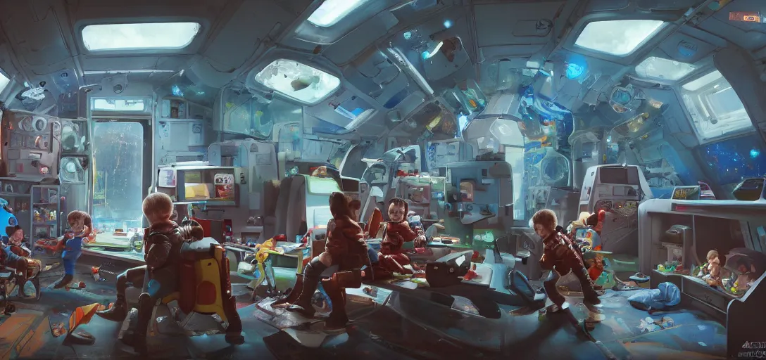 Image similar to kindergarten in a spacestation, big windows, happy children, intense sci-fi details, realism, stunning photo-quality, bright and happy, movie-quality, futuristic, technology, cinematic atmosphere, muted colours, guardians of the galaxy-style 4k, arnold render, trending on artstation, cgsociety,