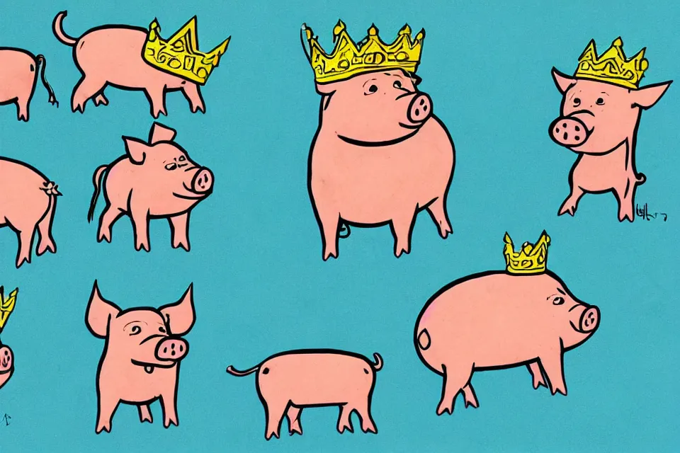 Image similar to concept sketches of a pig wearing a gold crown by Bill Watterson, in the style of 1970s cartoons