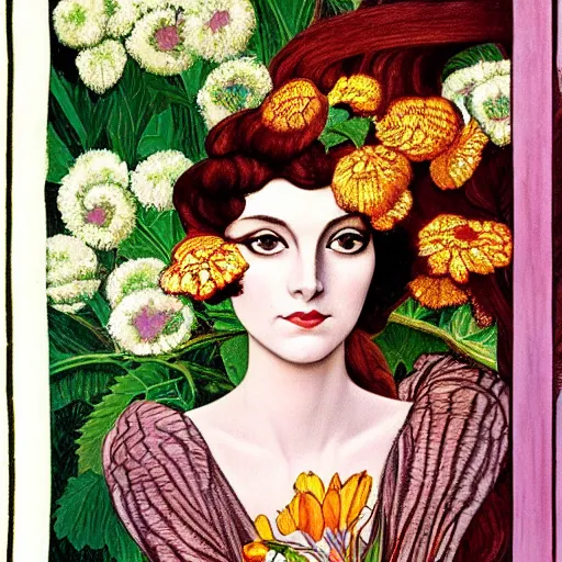 Prompt: a painting of a woman with flowers in her hair, an art deco painting by leo and diane dillon, behance, pre - raphaelitism, pre - raphaelite, fauvism, androgynous