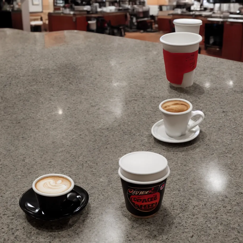 Image similar to a disposable coffee cup sitting on a diner counter, Sigma 24 mm f/8 – wider angle