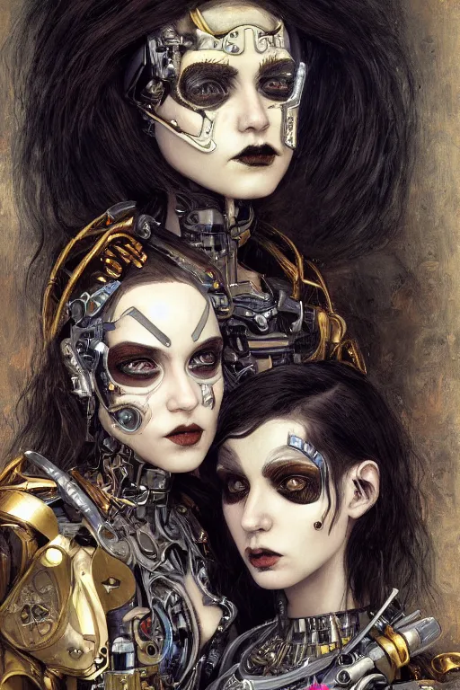 Image similar to portrait of two beautiful young gothic cyborg maidens, cyberpunk, Warhammer, kiss, highly detailed, artstation, illustration, art by Gustav Klimt