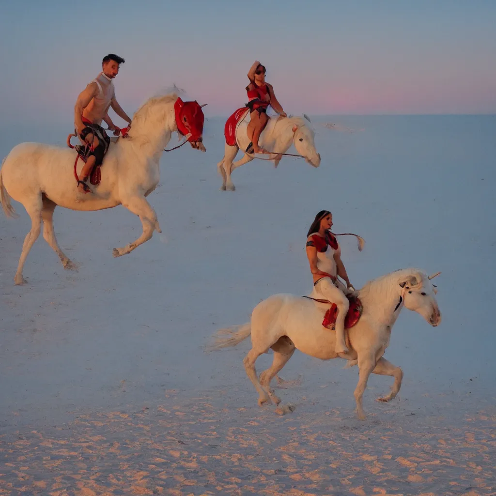 Image similar to Emin Gün Sirer riding a red horse in a white beach, sun sets, dramatic lighting, heroic exposure