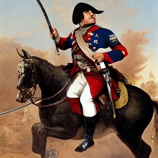 Image similar to Danny DeVito in Napoleonic officer's uniform, riding on horseback in a battlefield