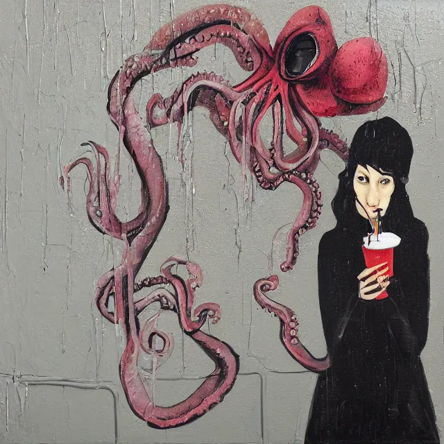 Image similar to a portrait in a dark cafe, a woman holding an octopus, streetlamps, wet, puddles, wild berries, rats, ikebana, neo - expressionism, surrealism, acrylic and spray paint and oilstick on canvas