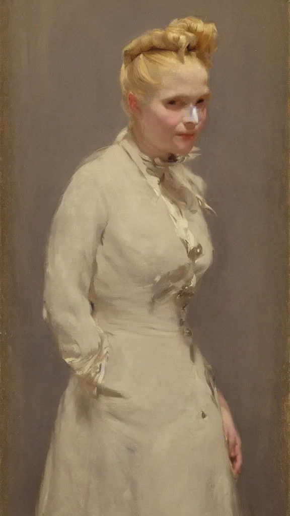 Image similar to portrait of a middle aged maid with blonde hair, by sargent, 1880