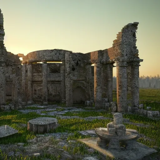 Image similar to 8 k hd detailed octane render of an ancient ruin at twilight