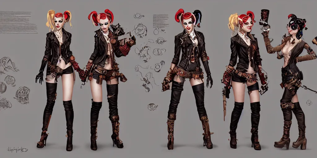 Image similar to steampunk harley quinn, character sheet, concept design, contrast, kim jung gi, greg rutkowski, zabrocki, karlkka, jayison devadas, trending on artstation, 8 k, ultra wide angle, pincushion lens effect