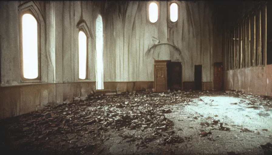 Prompt: 7 0 s film still from a horror movie about a person living in an abandoned church, kodachrome, cinecolor, cinestill, film grain, film texture, retro, cinematic, high resolution, photorealism,