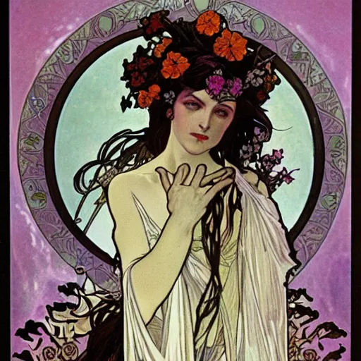 Image similar to persephone as goddess of death, flowers, dark, evil, painted by alphonse mucha