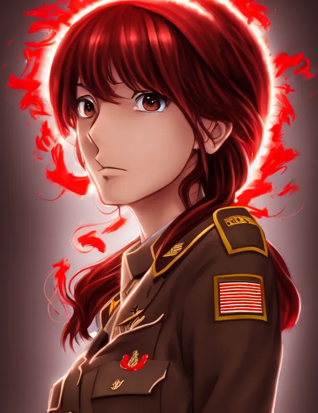 Image similar to a detailed manga portrait of a beautiful brown haired woman in a military uniform glowing with swirling red energy, trending on artstation, digital art, 4 k resolution, detailed, high quality, sharp focus, hq artwork, coherent, insane detail, character portrait