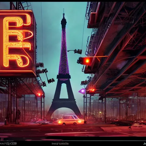 Prompt: A beautiful intricate 8K award-winning ground-level cinematic movie photograph of the future destroyed and decaying Eiffel Tower, surrounded by neon and collapsing corporate video billboard displays. in the year 2050, by Bruno Delbonnel and greg rutkowski. octane render, Arri Alexa 65. Cinematic lighting