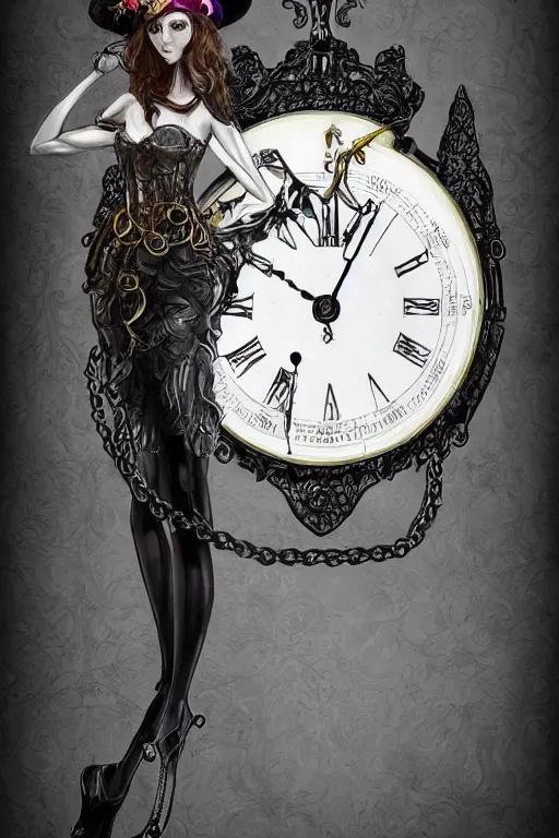 Image similar to a timekeeper with a pocket watch face. silk hat, full body, dark fantasy, concept art, gothic, intricate, ornate, ultra realistic, unreal engine