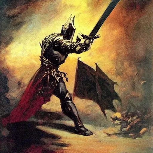 Image similar to a knight raising his sword painted by frank frazetta