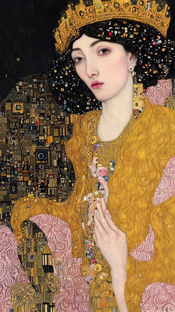 Image similar to a soft and breathtaking detailed painting of a beautiful black haired woman with pale skin and a crown on her head sitted on an intricate metal throne in the style of gustav klimt, blonde hair, shiny gold, elegant, highly detailed, artstation, fluo colors, concept art, matte, sharp focus, art by gustav klimt