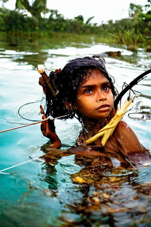 Prompt: a professional portrait photo of a sri lankan jungle girl, submerged in water, black hair, hunter, with bow and arrow, extremely high fidelity, natural lighting.