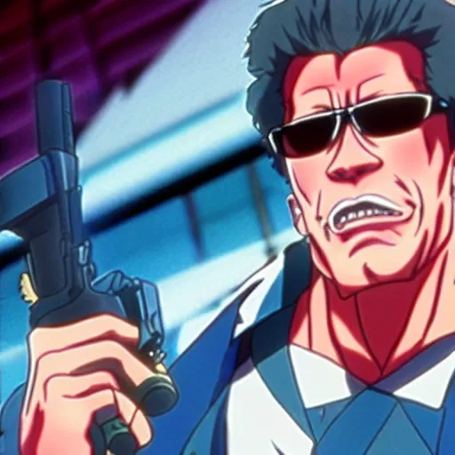 Image similar to arnold schwarzenegger as anime character, kyoto animation, magical