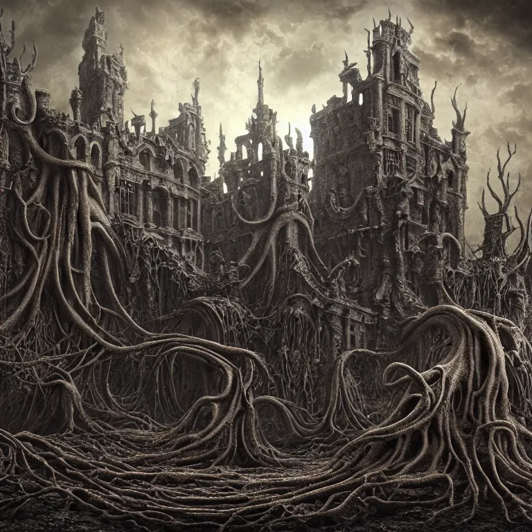 Image similar to surreal ribbed abandoned giant castle covered with tentacles, roots, spines, baroque painting, standing in a desolate empty wasteland, creepy, nightmare, dream-like heavy atmosphere, surreal abandoned buildings, beautiful detailed intricate insanely detailed octane render trending on Artstation, 8K artistic photography, photorealistic, chiaroscuro, Raphael, Caravaggio, Beksinski, Giger