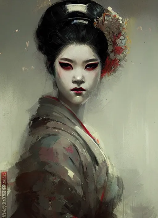 Prompt: female geisha girl, beautiful face, intricate outfit, spotlight, by greg rutkowski, by jeremy mann, digital painting