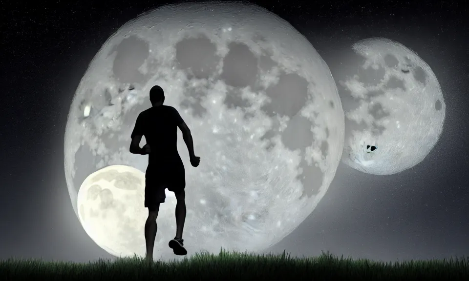 Prompt: A man was running alone under the huge moon toward the distant door,featured in artstation, cinematic, elegant, , 8k