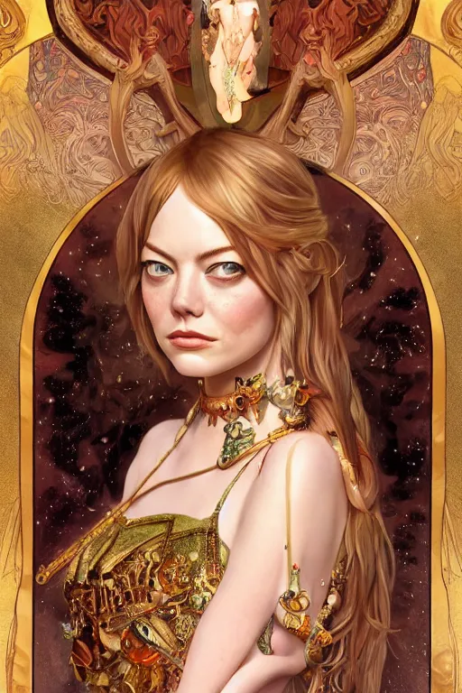 Prompt: Emma Stone as a Universal Goddess, cute, fantasy, intricate, elegant, highly detailed, digital painting, 4k, HDR, concept art, smooth, sharp focus, illustration, art by artgerm and H R Giger and alphonse mucha