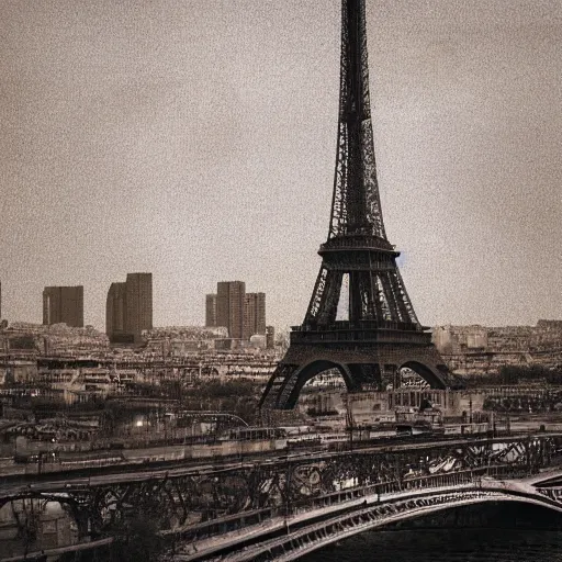 Prompt: The city of Paris, filled with rusted Eiffel towers, nostalgic feeling, sepia, beautiful landscape, intense lighting, 8k, trending on artstation