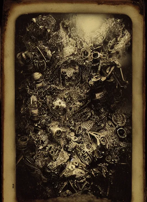 Image similar to old wetplate daguerreotype portrait of demons, explosion of data fragments, fractal, intricate, elegant, highly detailed, parallax, leica, medium format, subsurface scattering, by jheronimus bosch and greg rutkowski and louis jacques mande daguerre