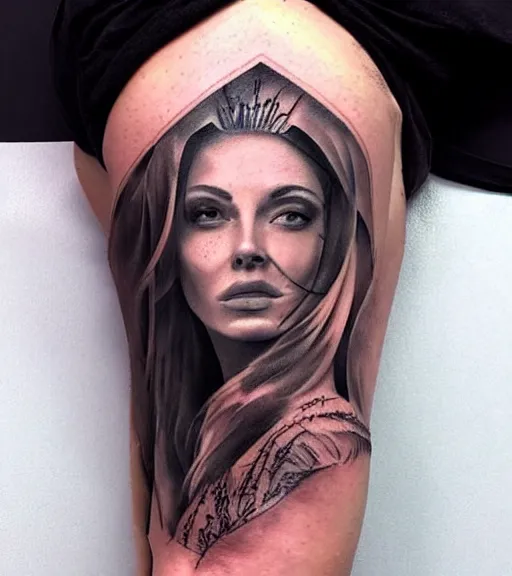 Image similar to realism tattoo sketch of a isabelledeltore face double exposure mountain scenery, in the style of matteo pasqualin, amazing detail, sharp, faded