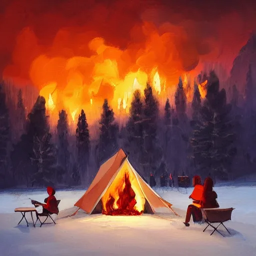 Image similar to a camp with tents on fire, burning down, shadows of 3 girls watching the camp burn, snow, painted by Sylvain Sarrailh