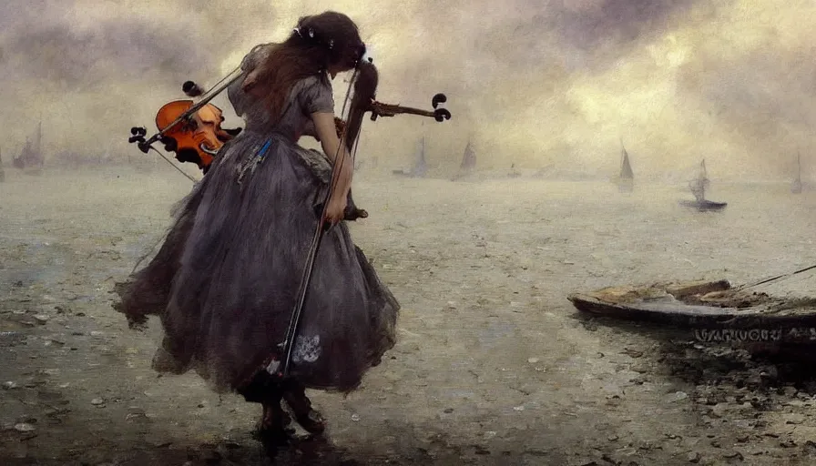 Image similar to angel alone playing on a violin near the shore, boats in the background, foggy morning, clouds in the sky, russian oil painting, serov, surikov, vasnetsov, repin, kramskoi, paint texture, uplight, insanely detailed and intricate, high resolution, Charlie Bowater, Tom Bagshaw, Norman Rockwell, octane rendered, unreal engine, illustration, trending on artstation, masterpiece, 8k