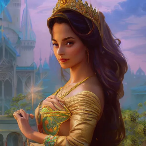 Prompt: beautiful young princess jasmine, closeup, palace background, d & d, fantasy, elegant, highly detailed, digital painting, artstation, concept art, matte, sharp focus, illustration, art by artgerm and greg rutkowski and alphonse mucha