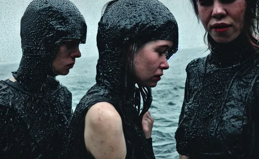 Prompt: cinestill 5 0 d candid photographic portrait by helen levitt of two loving female androids wearing rugged black mesh techwear in treacherous waters, extreme closeup, modern cyberpunk moody depressing cinematic, pouring rain, 8 k, hd, high resolution, 3 5 mm, f / 3 2, ultra realistic faces, ex machina