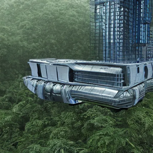 Image similar to extreme wide shot a futuristic containment building in a rainforest valley with a city in the distance, national geographic, hyper realistic, 4 k, harsh light, artstation