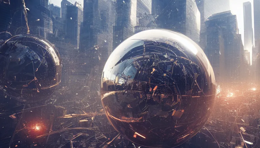 Image similar to metallic spheres destroying new york city, reflections, sunlight, destruction, hyperdetailed, artstation, cgsociety, 8 k