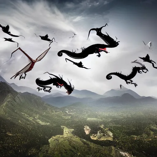 Image similar to photo of dragons flying over people, realistic, dslr, 8 k