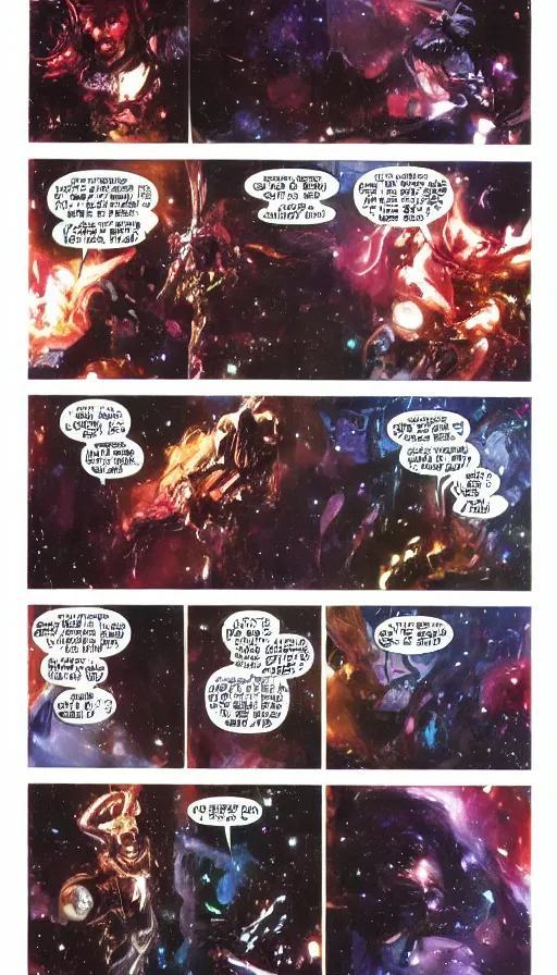 Prompt: 6 panel hard science fiction comic by, john singer sargent, bill sienkiewicz