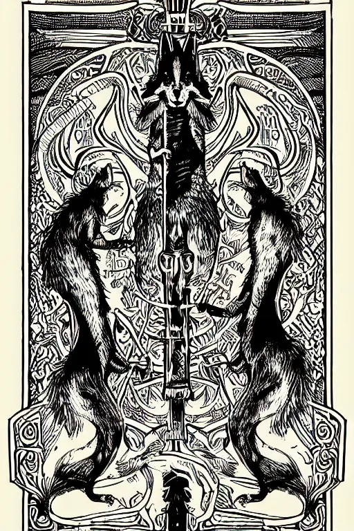 Image similar to tarot card illustration of the card three of weasels, framed in an elaborate line border, tarot card, detailed illustration, weasels, furry art, artstation, 4 k